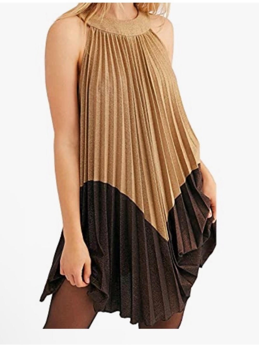 Free People Gold Brown Womens Medium M Shimmer Pleated Shift Dress